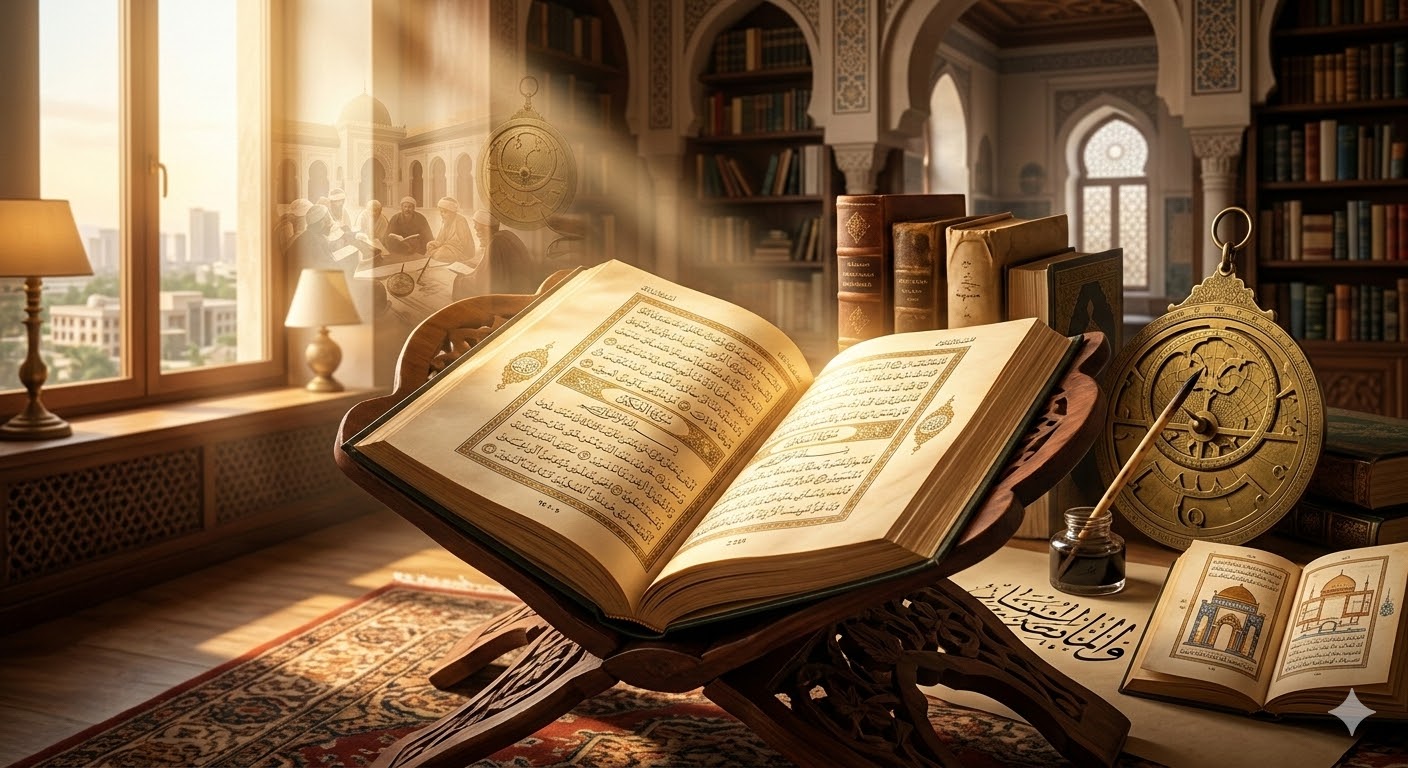 Open Quran on a stand in an library, with a reflection of Islamic scholars and an astrolabe, representing the Islamic Golden Age and pursuit of knowledge.