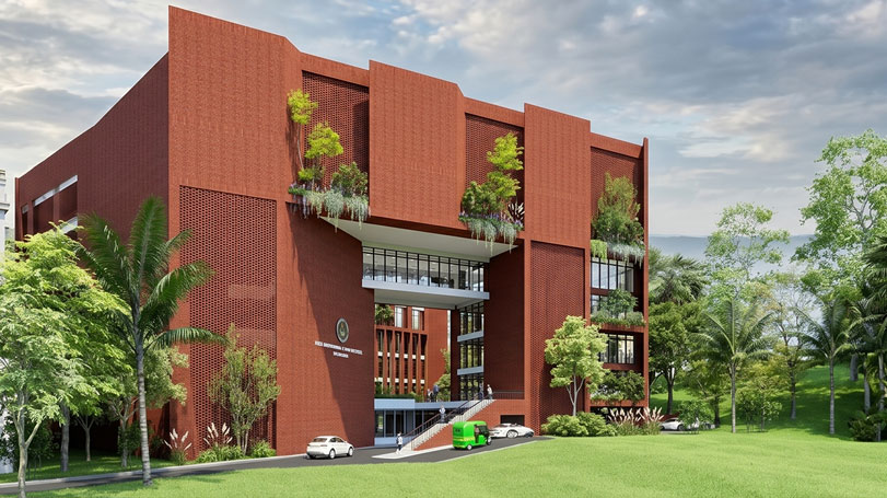 A dual-track academic setting showing Islamic texts alongside modern science and technology equipment.